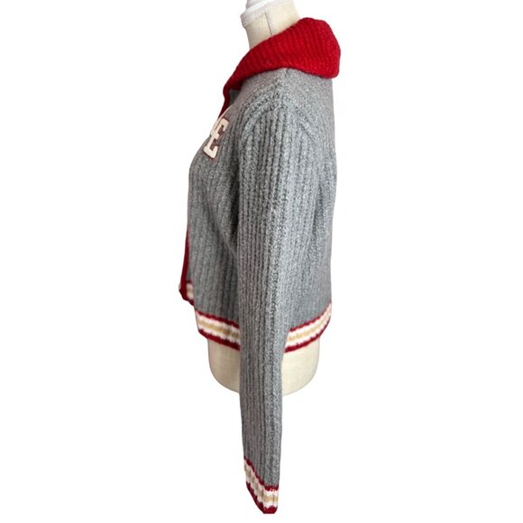 American Eagle Varsity Cropped Grey Ribbed Knit Shawl Collar Zip Sweater MED NWT - Picture 9 of 10